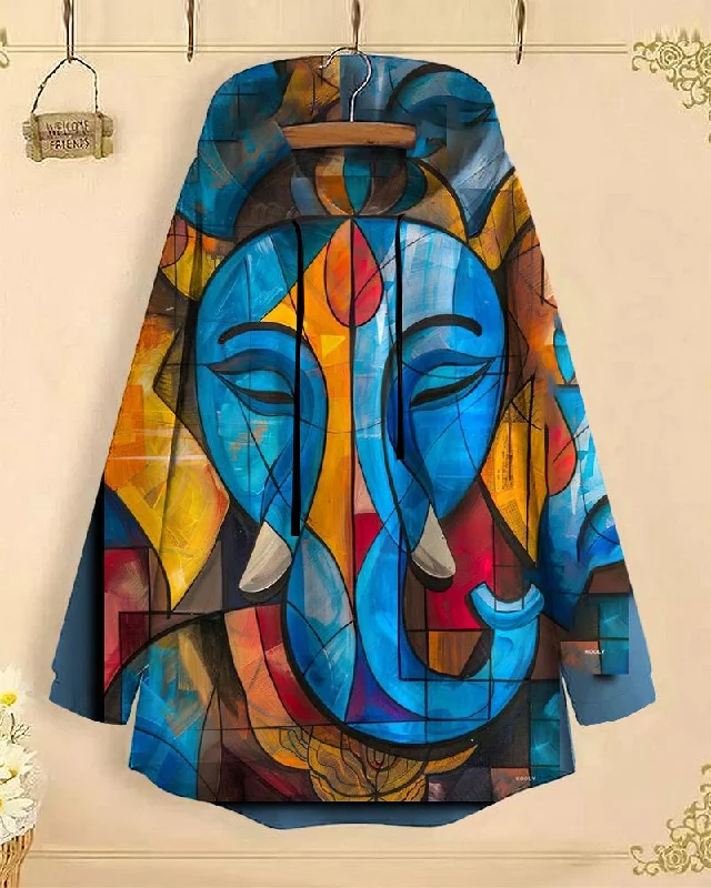 Ethnic Elephant Long-Sleeved with Loose Hem Hoodie