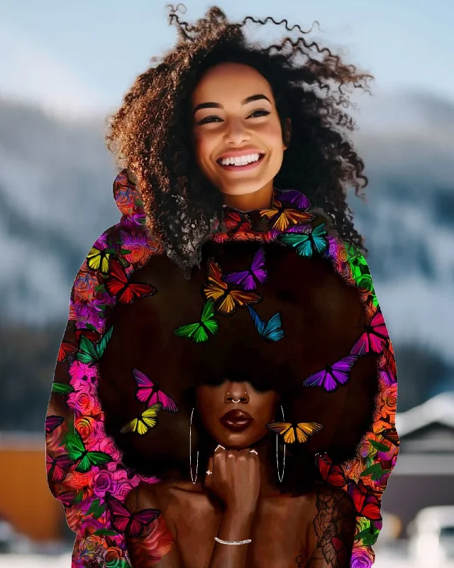 Colorful Flowers Butterfly Afro Girl Long Sleeve Hoodie