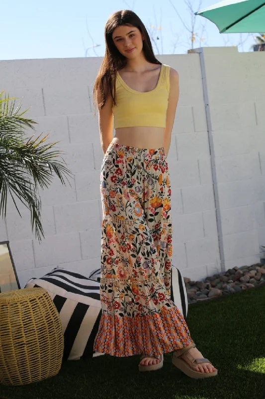 Angie Boho Floral Print Border Pants - Ivory