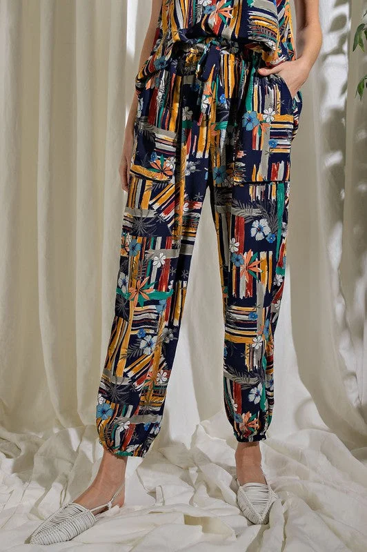 Easel Artist Tropical Print Lounge Lightweight Joggers - Navy