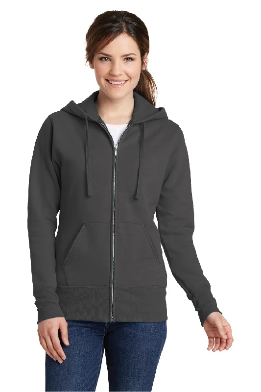 Port & Company Womens Core Pill Resistant Fleece Full Zip Hooded Sweatshirt Hoodie w/ Pockets - Charcoal Grey