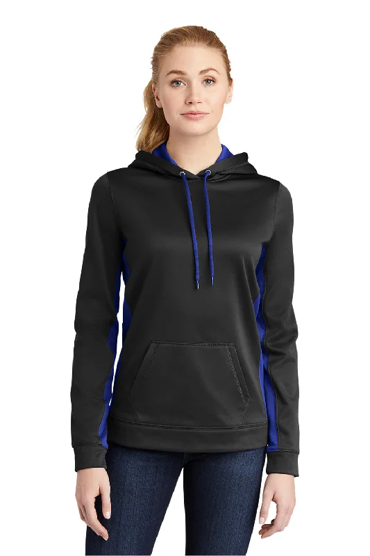 Sport-Tek Womens Sport-Wick Moisture Wicking Fleece Hooded Sweatshirt Hoodie w/ Pouch Pocket - Black/True Royal Blue