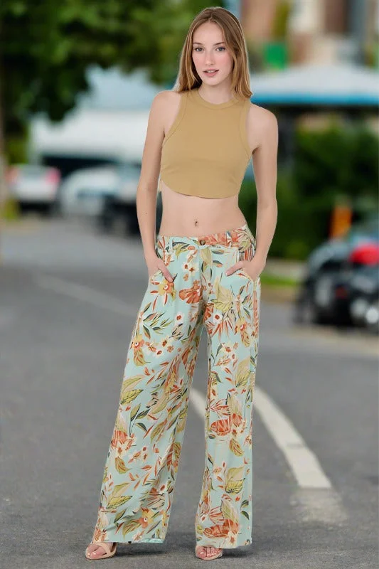 Angie Wide Leg Tropical Print Pants - Aqua