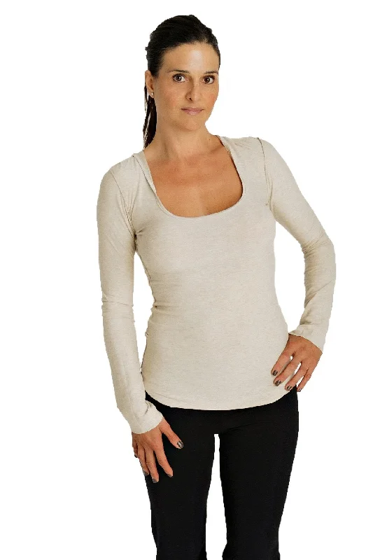 Deep Scoop Neck Long Sleeve Hoodie Top (Sand Beige)