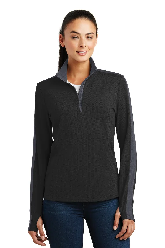 Sport-Tek Womens Sport-Wick Moisture Wicking 1/4 Zip Sweatshirt - Black/Iron Grey - Closeout