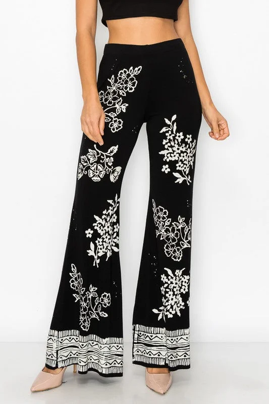 T-Party Soft Flare Pants Floral Stamped - Black