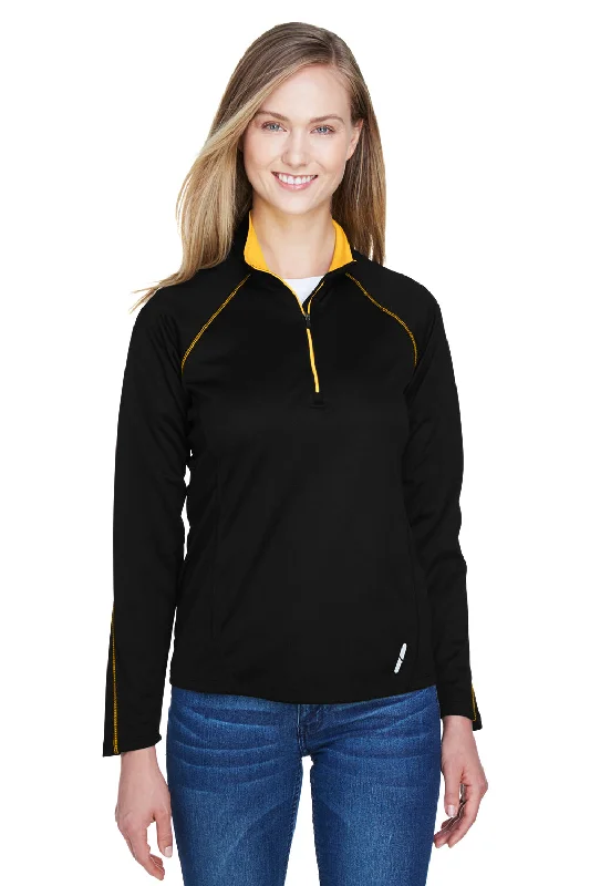 North End Womens Radar Performance Moisture Wicking 1/4 Zip Sweatshirt - Black/Campus Gold - Closeout