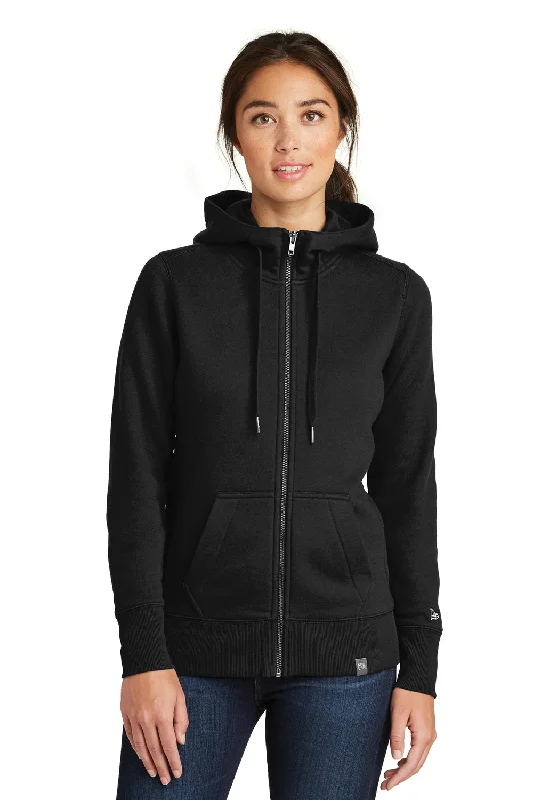 New Era Womens Sueded French Terry Full Zip Hooded Sweatshirt Hoodie w/ Pockets - Black