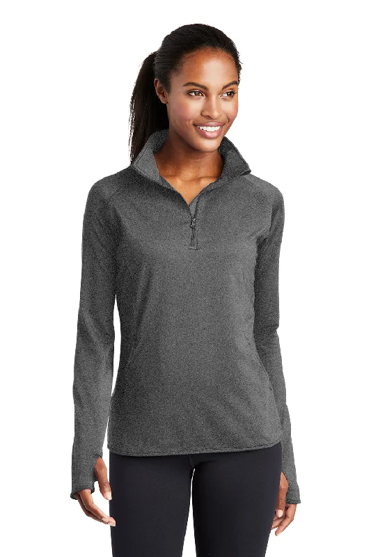 Sport-Tek Womens Sport-Wick Moisture Wicking 1/4 Zip Sweatshirt w/ Pouch Pocket - Heather Charcoal Grey