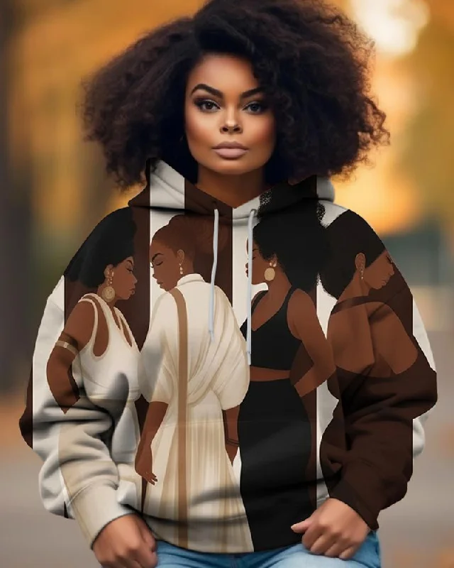 Black Girl Contrasting Striped Artistic Printed Hoodie