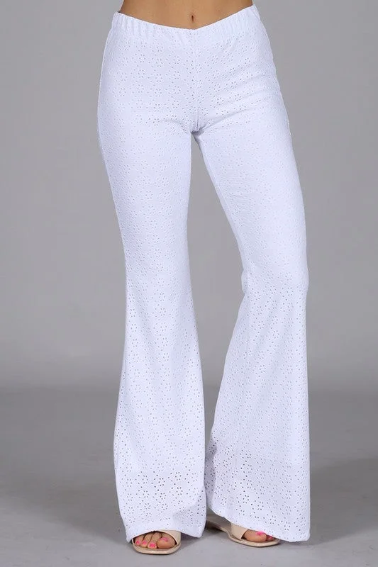 Chatoyant Eyelet Lace Stretch Flare Pants - White