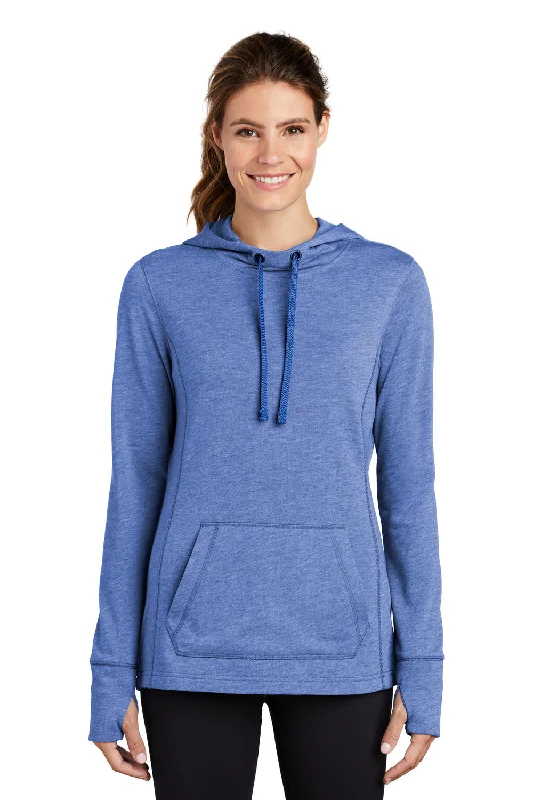 Sport-Tek Womens Moisture Wicking Fleece Hooded Sweatshirt Hoodie w/ Pouch Pocket - Heather True Royal Blue