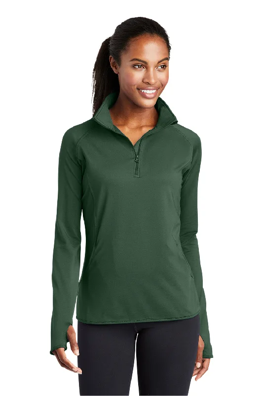 Sport-Tek Womens Sport-Wick Moisture Wicking 1/4 Zip Sweatshirt w/ Pouch Pocket - Forest Green