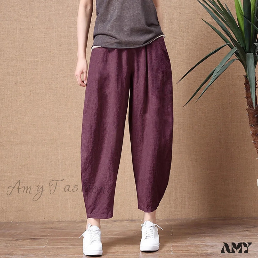 Amy Fashion - Elastic Waist Vintage Lady Loose Casual Pants