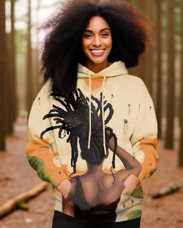 Women's Personalized Black Girl's Dreadlocked Back Long-Sleeved Pullover Hoodie