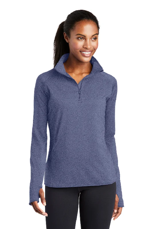 Sport-Tek Womens Sport-Wick Moisture Wicking 1/4 Zip Sweatshirt w/ Pouch Pocket - Heather True Navy Blue