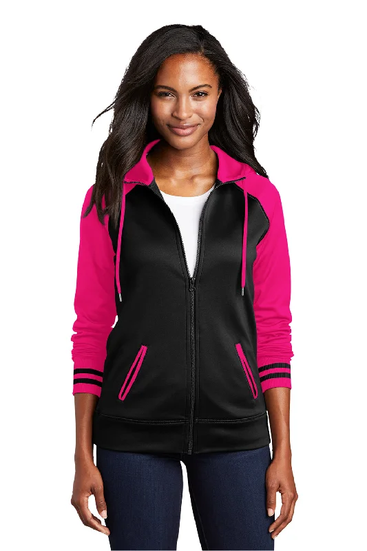 Sport-Tek Womens Sport-Wick Moisture Wicking Fleece Hooded Sweatshirt Hoodie w/ Pockets - Black/Neon Pink