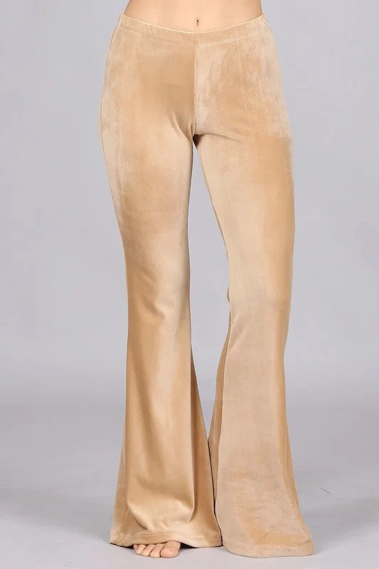 Chatoyant Stretchy Velour Bell Bottom Pants - Beige