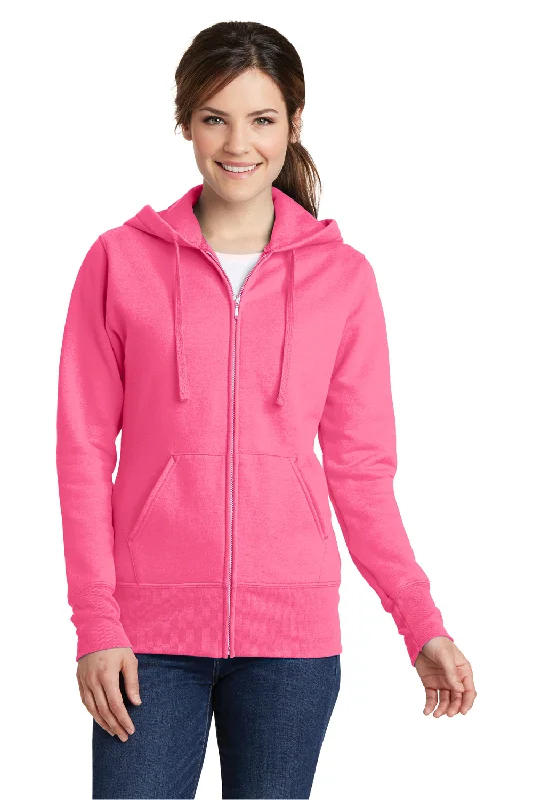 Port & Company Womens Core Pill Resistant Fleece Full Zip Hooded Sweatshirt Hoodie w/ Pockets - Neon Pink