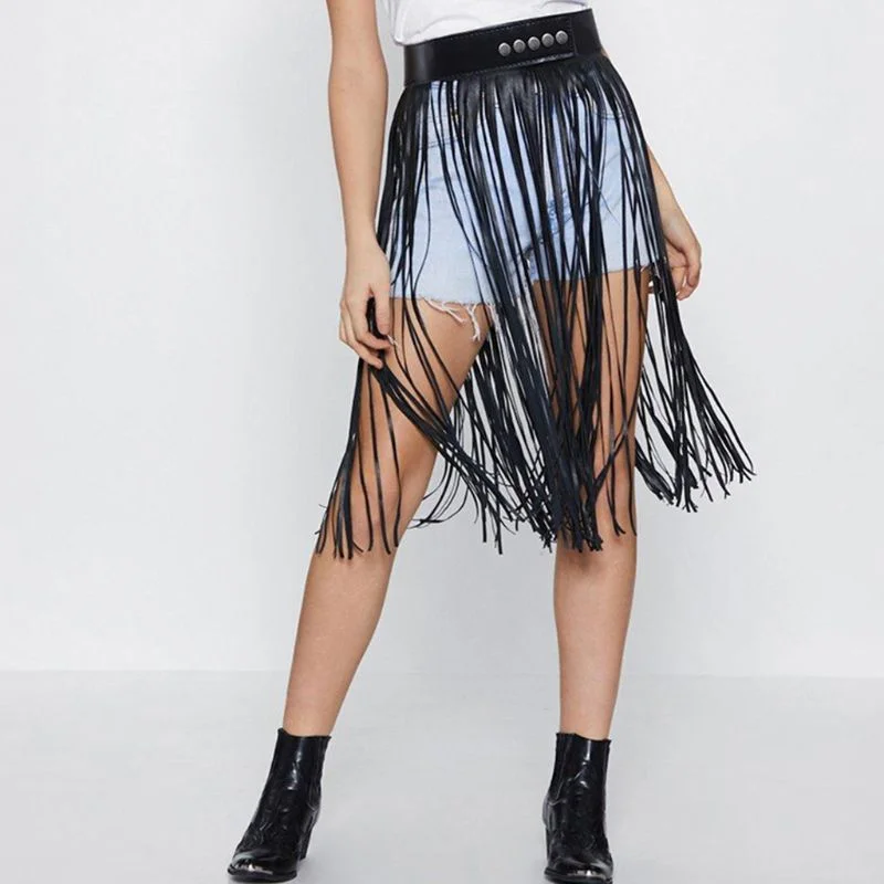 Amy Fashion - High Waist Faux Leather Fringe Tassels Skirt