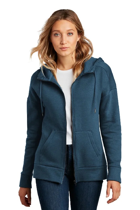 District Womens Perfect Weight Fleece Full Zip Hooded Sweatshirt Hoodie w/ Pockets - Heather Poseidon Blue