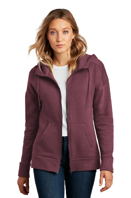 District Womens Perfect Weight Fleece Full Zip Hooded Sweatshirt Hoodie w/ Pockets - Heather Loganberry