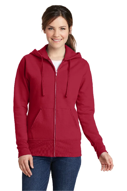 Port & Company Womens Core Pill Resistant Fleece Full Zip Hooded Sweatshirt Hoodie w/ Pockets - Red