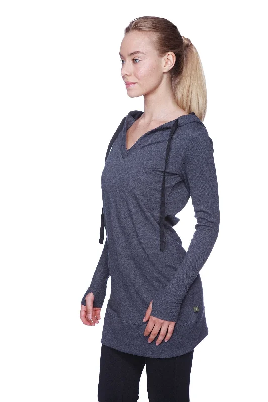 Women's Long Body Hoodie Top (Charcoal w/Black)