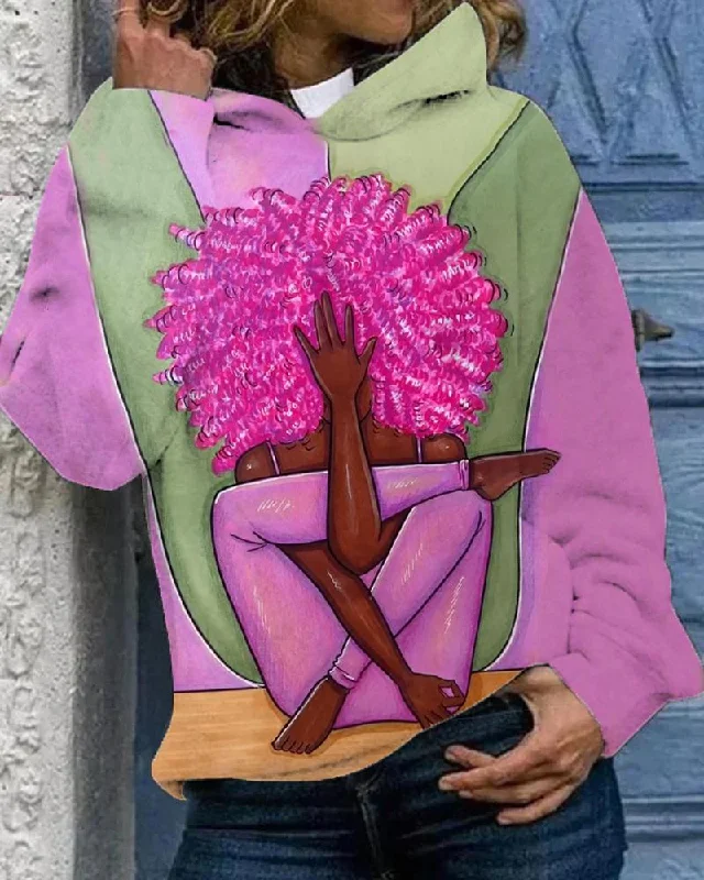 Pink Afro Yoga Girl Long Sleeves Hoodie