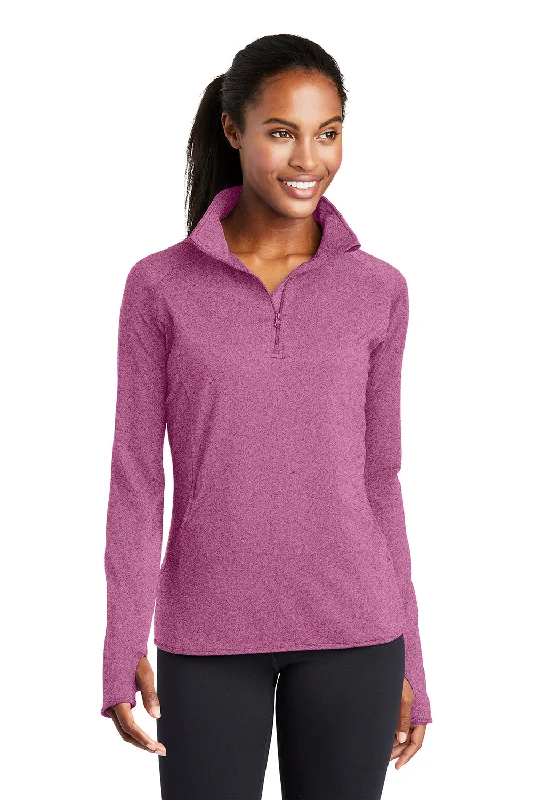 Sport-Tek Womens Sport-Wick Moisture Wicking 1/4 Zip Sweatshirt w/ Pouch Pocket - Heather Pink Rush