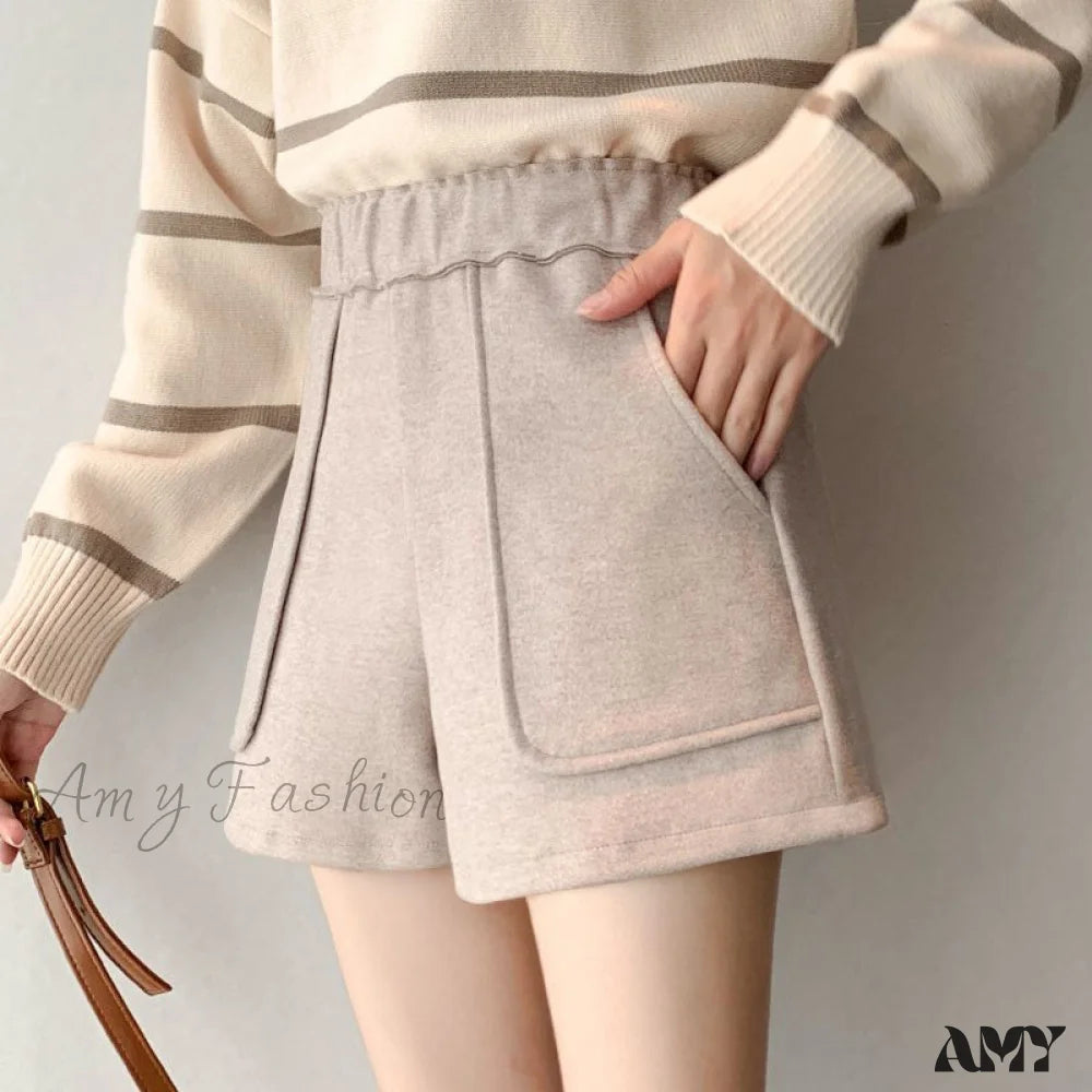 Amy Fashion - Fashion Solid Wide Leg Woolen Shorts