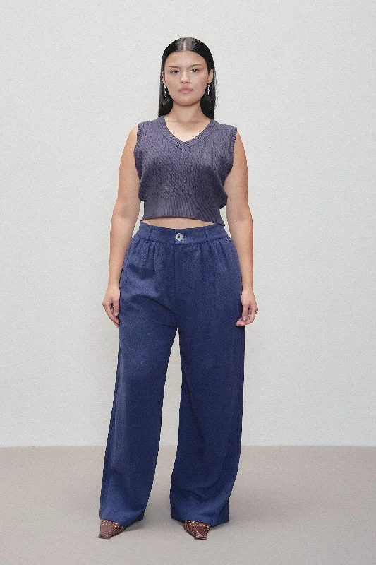 Linen Straight Leg Trousers Navy