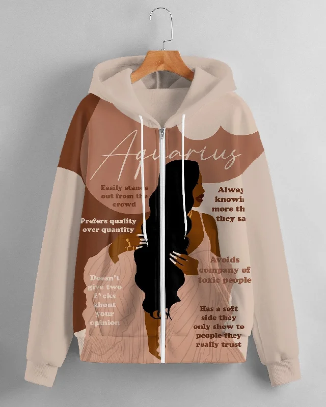 Women's Fashion Daily Black Aquarius Women Print Long Sleeve Zipper Hoodie