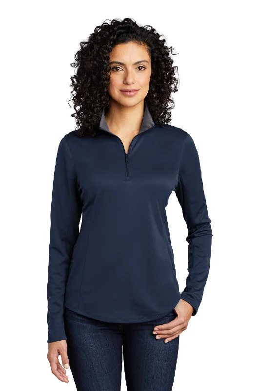 Port Authority Womens Silk Touch Performance Moisture Wicking 1/4 Zip Sweatshirt - Navy Blue/Steel Grey