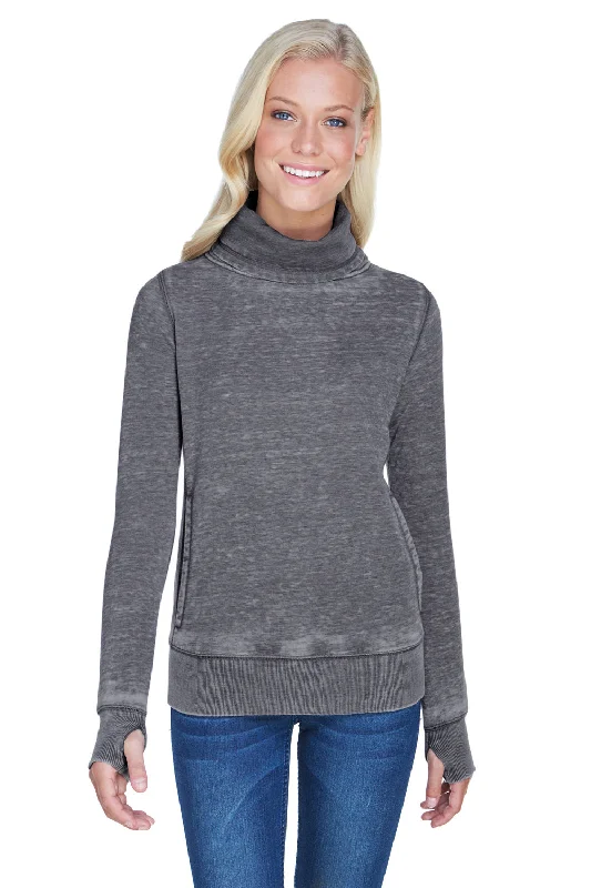 J America Womens Zen Burnout Fleece Cowl Neck Sweatshirt w/ Pockets - Dark Smoke Grey