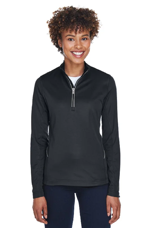 UltraClub Womens Cool & Dry Moisture Wicking 1/4 Zip Sweatshirt w/ Pocket - Black