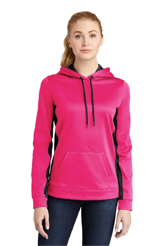 Sport-Tek Womens Sport-Wick Moisture Wicking Fleece Hooded Sweatshirt Hoodie w/ Pouch Pocket - Neon Pink/Black