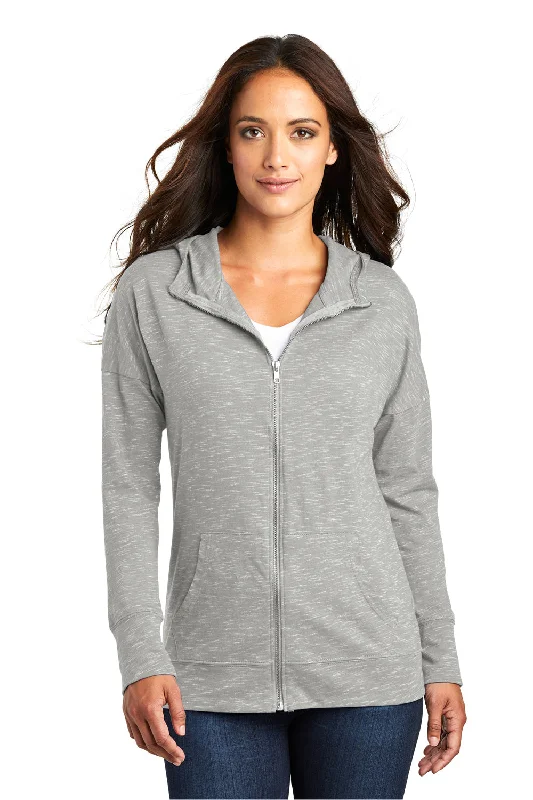 District Womens Medal Full Zip Hooded Sweatshirt Hoodie w/ Pockets - Light Grey