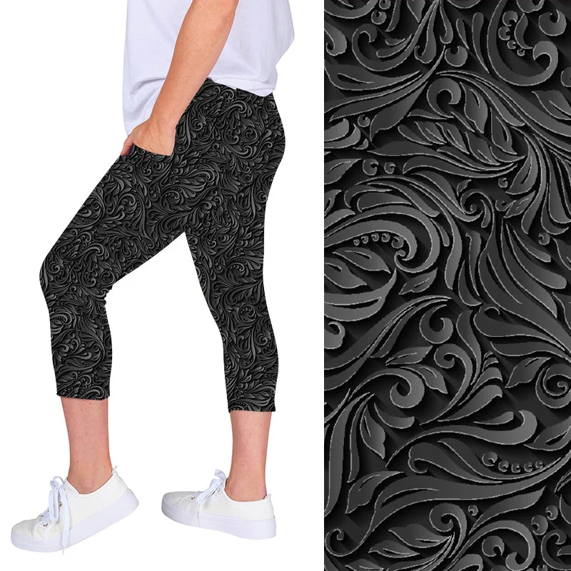 Black Vine Floral Deluxe Pocket Capri