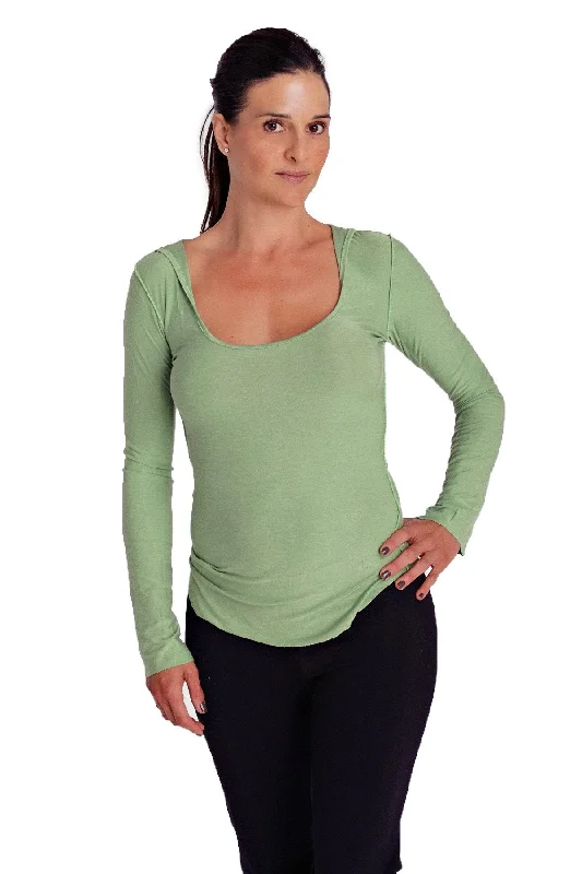 Deep Scoop Neck Long Sleeve Hoodie Top (Bamboo Green)