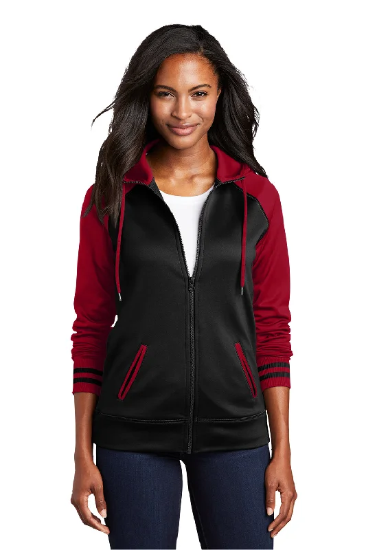 Sport-Tek Womens Sport-Wick Moisture Wicking Fleece Hooded Sweatshirt Hoodie w/ Pockets - Black/Deep Red