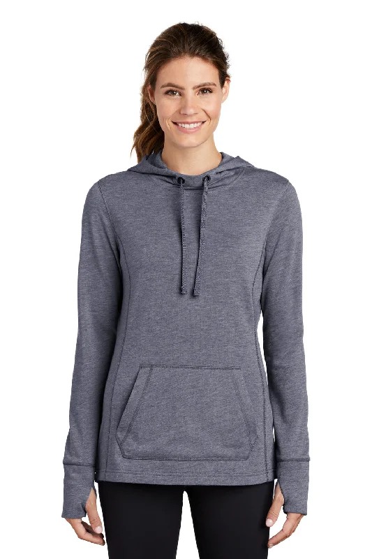 Sport-Tek Womens Moisture Wicking Fleece Hooded Sweatshirt Hoodie w/ Pouch Pocket - Heather True Navy Blue