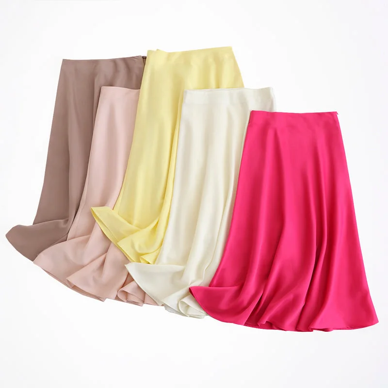 Amy Fashion - Solid Color High Quality Satin Midi Skirt