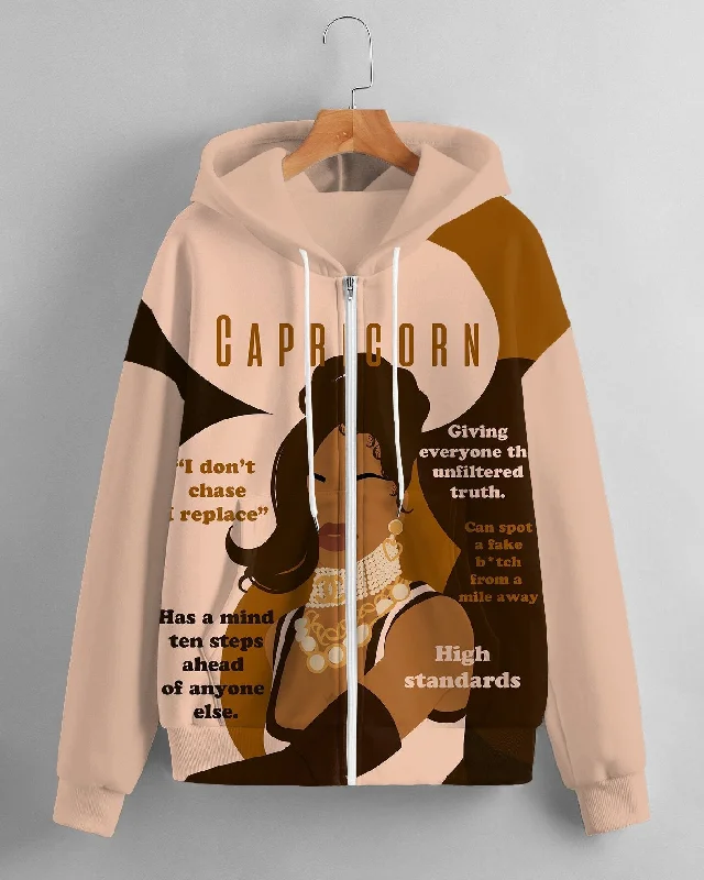 Women's Fashion Daily Black Capricorn Women Print Long Sleeve Zipper Hoodie