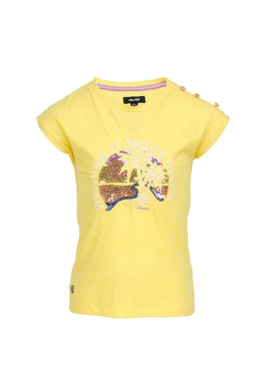 T-Shirt fille jaune boutons décoratifs sur l'épaule