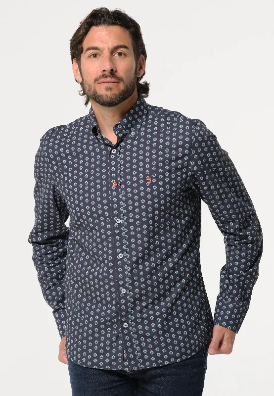 Chemise homme bleue marine mosaïque de fleurs