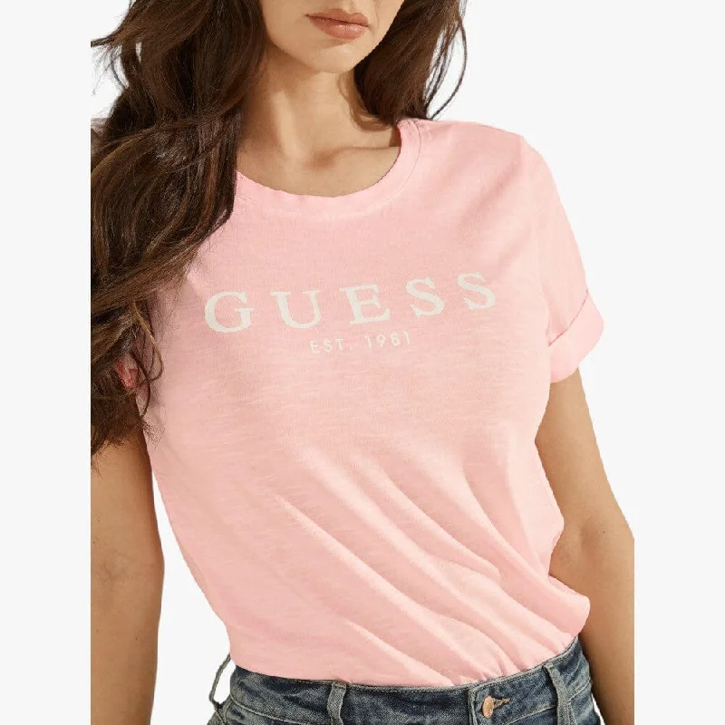 Guess Womens 1981 Roll Cuff Short Sleeve Tee Pretty Pink