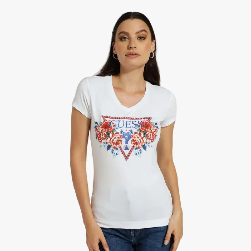 Guess Womens Roses Triangle Short Sleeve Tee White