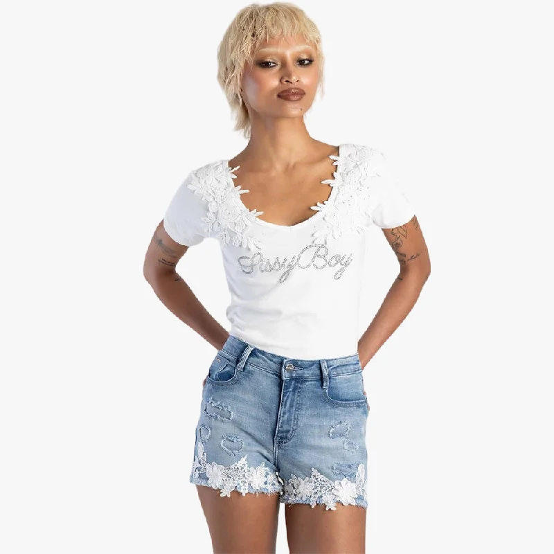 Sissy Boy Bling Logo Short Sleeve Top With Lace White