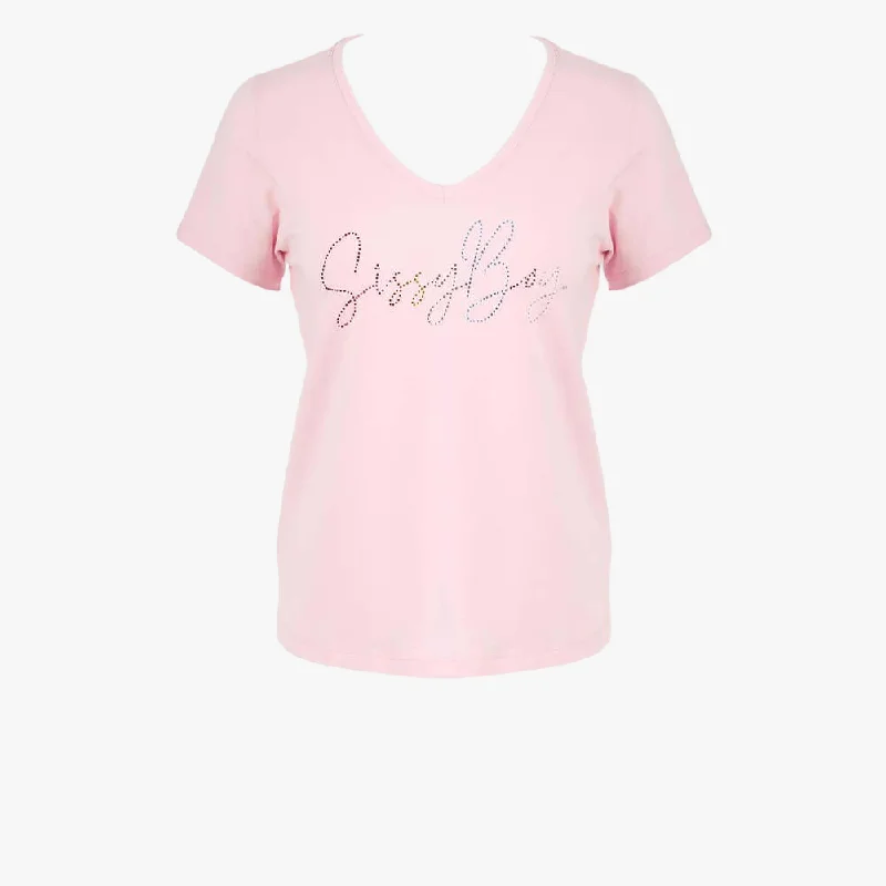 Sissy Boy Bling Logo V Neck Short Sleeve Top Light Pink